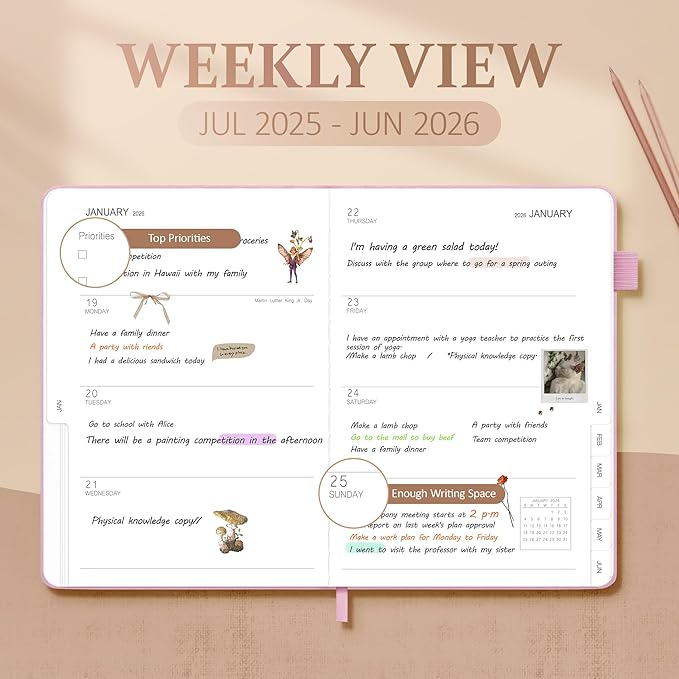 Planner 2025-2026, Academic Linen 2025-2026 Monthly Planner July 2025 to June 2026, Weekly & Daily Organizer with Tabs, Note Pages, Hardcover 5.65" x 8.15"- Ideal for School, Work & Productivity-Pink
