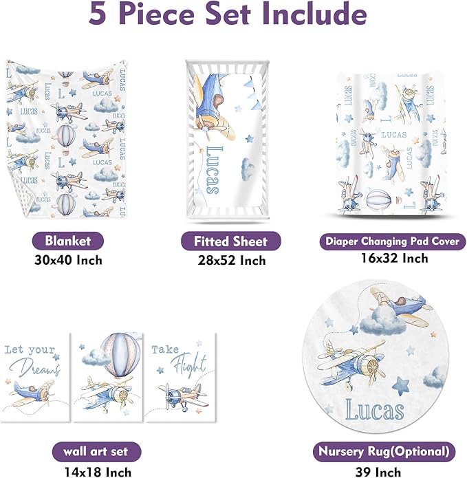 Personalized Baby Crib Bedding Set for Baby Boys Girls, Toy Airplane Pattern Custom Name Baby Crib Sets 5-Pcs, Toddler Double Layer Blanket Fitted Sheets Changing Pad Cover Rug Wall Art Set