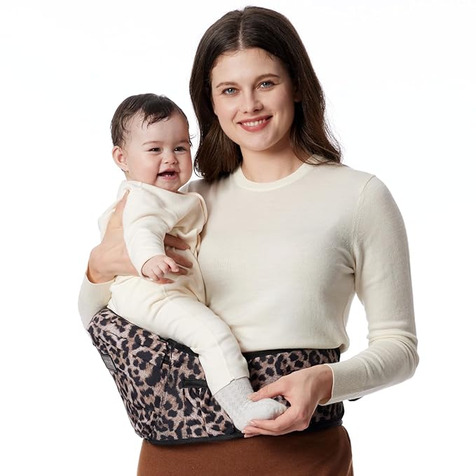 Momcozy Hip Seat Baby Carrier - Adjustable Waistband with Original 3D Belly Protector, Ergonomic Carrier with Various Pockets for Newborns & Toddlers up to 45lbs (Leopard, Large)