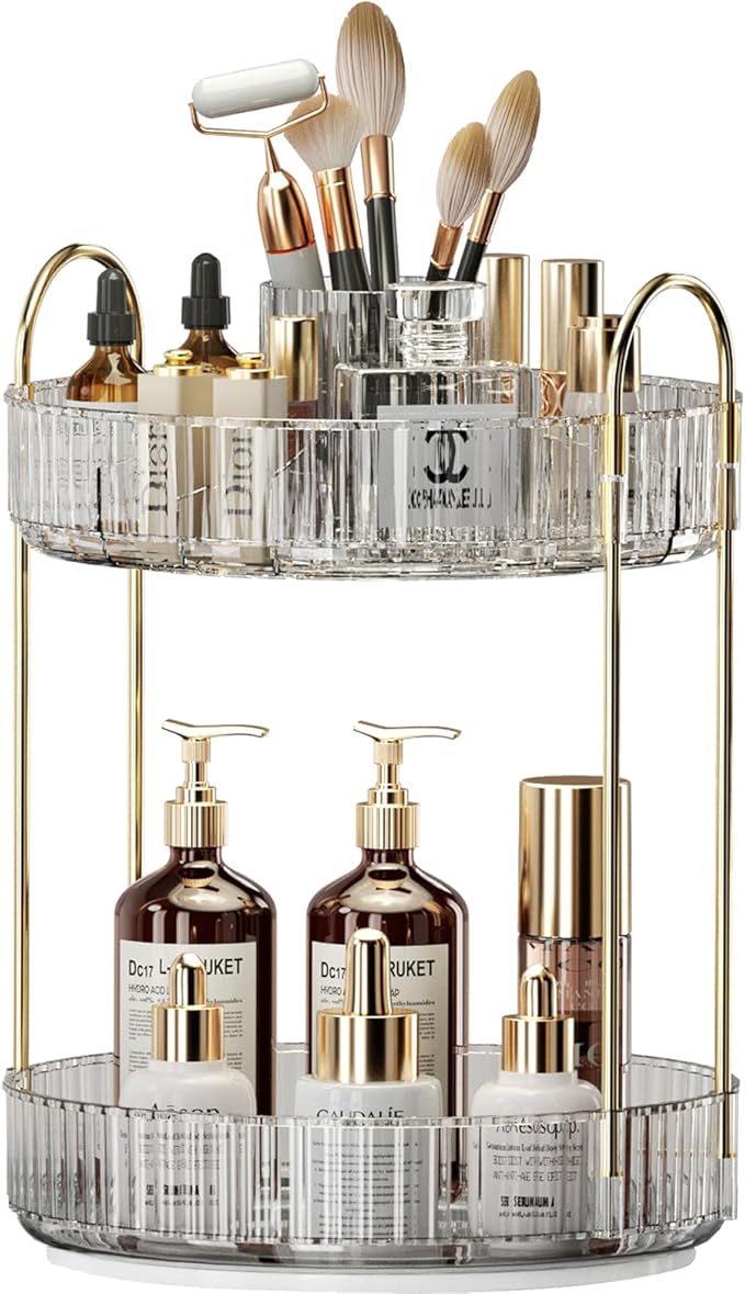 360° Rotating Makeup Organizer, Large-Capacity Skincare Make Up Storage 2 Tier Perfume Organizers Cosmetic Dresser Organizer with Makeup Brush Holder, Fits Bedroom, Bathroom, Vanity Shelf Countertop