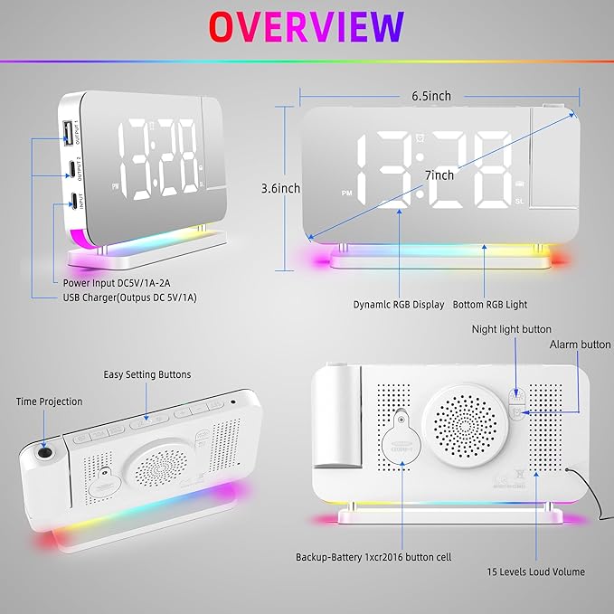 Projection Alarm Clock for Bedroom Ceiling,RGB Digital Clocks with 10 Colors RGB Night Light,Loud Alarm Clock for Heavy Sleepers,USB C Charger Port,Snooze,12/24H,Auto Dimming