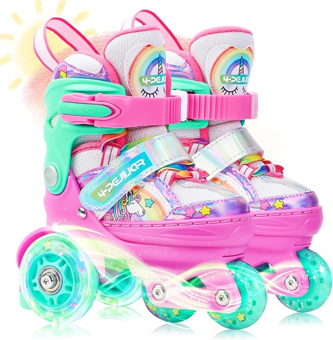 4-Pejiijar Rainbow Unicorn Kids Roller Skates for Girls Toddler Ages 2-4 5-8 8-12,Adjustable Roller Shoes with Luminous Wheels for Birthday Xmas Gifts