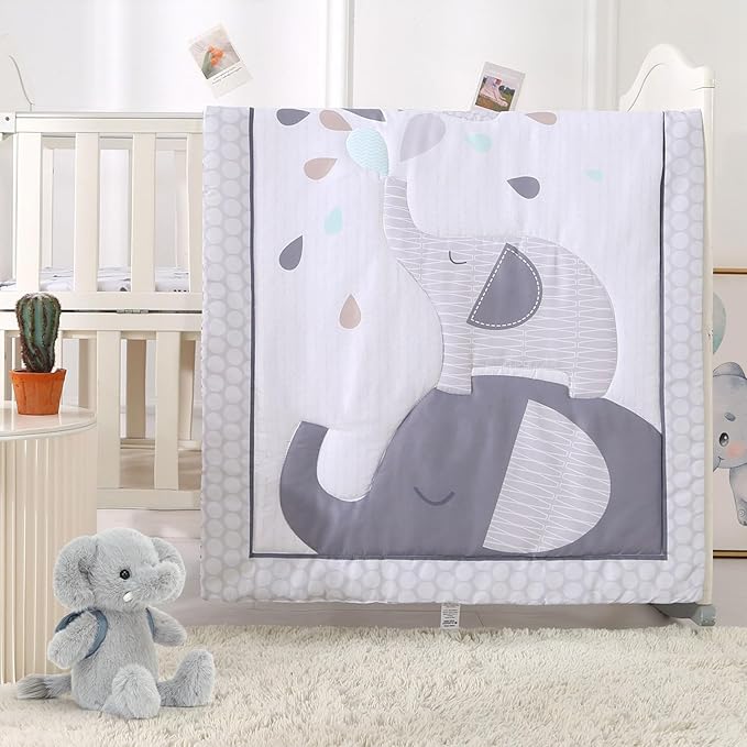 Wowelife Mini Crib Bedding Set for Boys, Premium 3-Piece Elephant Baby Bedding Set Elephant, Baby Nursery Comforter Bed Set with Crib Comforter, Skirt and Sheet, Gray