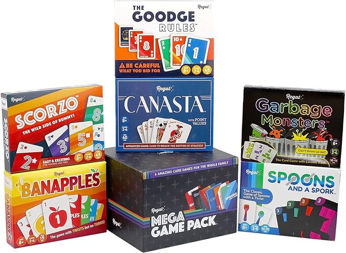 Regal Games Fun Card Games Set for Adults - Canasta, Spoons and a Spork, Garbage Monsters, ScorZo, The Goodge Rules, and Banapples Decks - Fun & Travel Playing Cards for Family Game Night