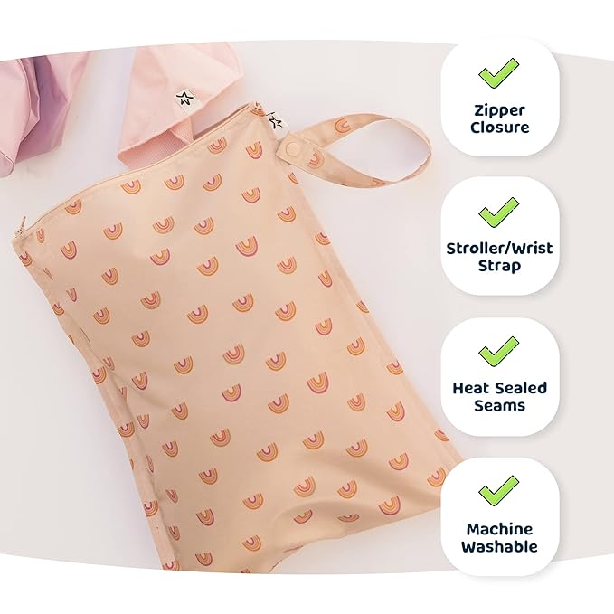 Tiny Twinkle Mess-Proof Waterproof Wet Dry Bag | 2-Pack Reusable Wet Bags for Swimsuits & Baby Clothes | Leakproof Wet Bag for Travel & Diaper Changes for Baby (Boho Rainbow)