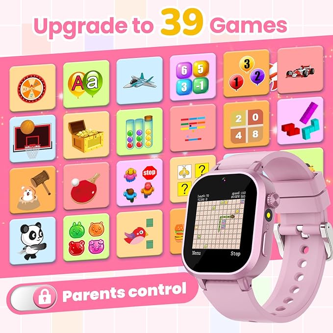Waterproof Smart Watch for Kids Girls Ages 5-12 with 39 Games, HD Camera, Video, Music, Habit Tracking, Alarm, Pedometer, Kids Smart Watch Chrismars Birthday Gift for Girls Age 5 6 7 8(Pink)