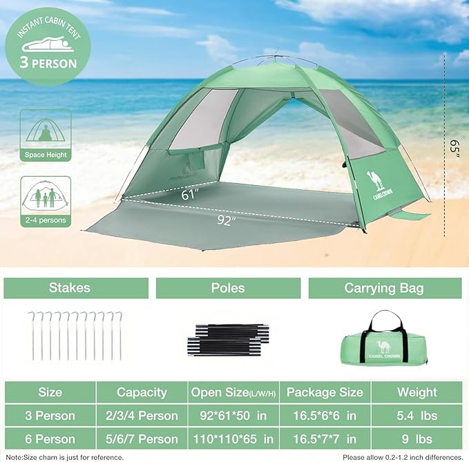 CAMEL CROWN Beach Tent UPF 50+ Sun Shelter for 2/3/5/6 Person, Lightweight Portable Sun Shade with Sand Anchor, Family Beach Day & Outdoor Adventures