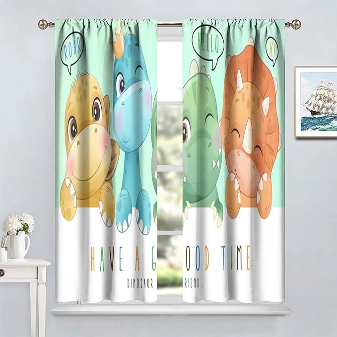 Kids Dinosaur Curtains for Boys Girls Bedroom Decor Cartoon Dino Colorful Cute Funny Animal Printed Blackout Rod Pocket Window Drapes for Baby Nursery Playroom Living Room W21xL54in 2 Panels