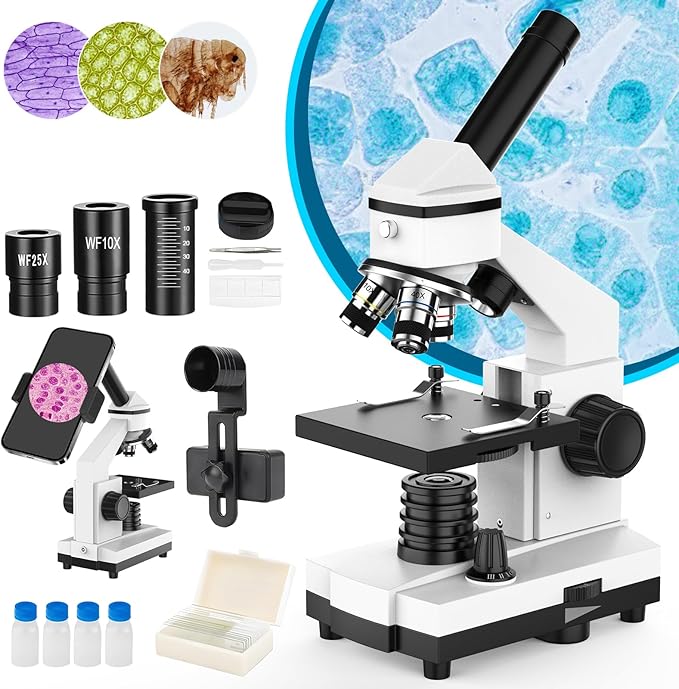 Microscope for Adults and Kids - 40X-2000X Monocular Microscopes with Slides Set, Dual Led Light, Phone Adapter, Professional Biological Optical Microscopes for Students School Home Education