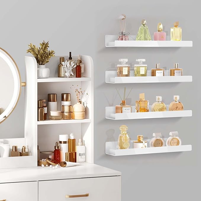 4 Pack 15 Inch Whtie Acrylic Shelves, Kids Floating Bookshelf for Kids Room, Modern Nail Polish Rack Sunglasses Essential Oil Picture Ledge Display Toy Storage Wall Shelf