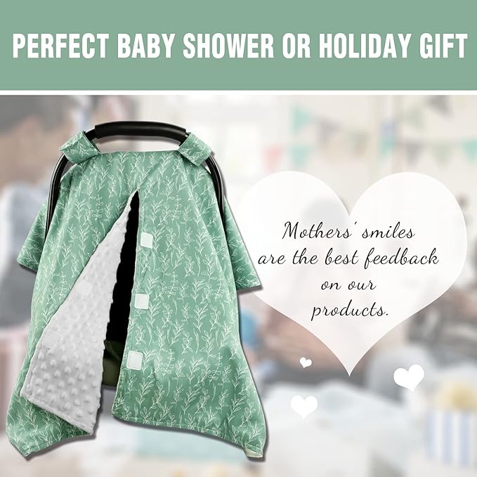 Baby Car Seat Canopy Soft Minky Plush Dotted Backing Baby Car Seat Cover Girls, Infant Carseat Canopy, Stretchy Multi- use Nursing Cover for Stroller/High Chair/Shopping Cart/Car Seat Canopies Sage