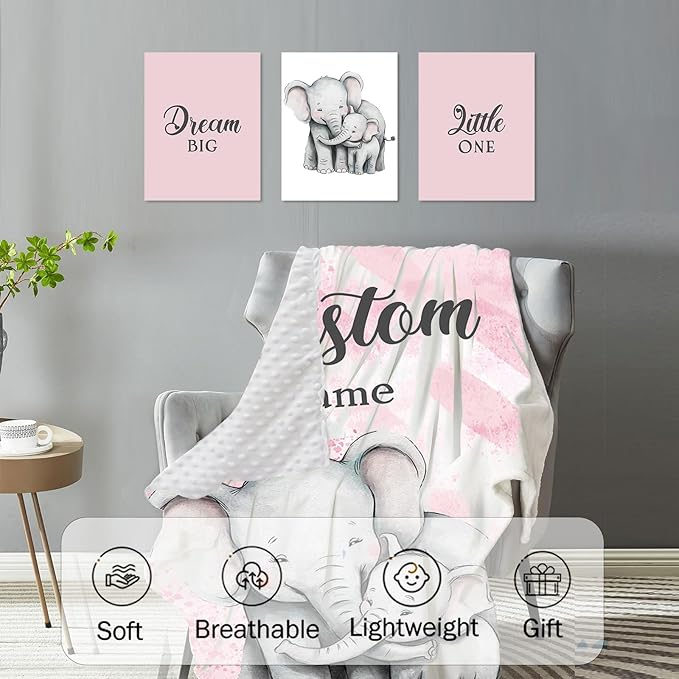 Personalized Baby Crib Bedding Set for Baby Girls, Pink Elephant Design Custom Name Baby Crib Sets 5-Pcs, Toddler Double Layer Blanket Fitted Sheets Changing Pad Cover Rug Wall Art Set