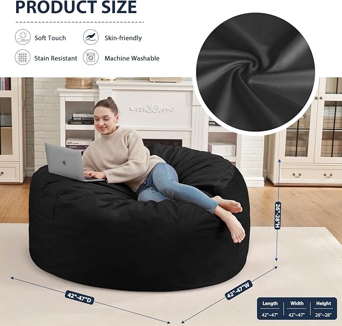 4FT Bean Bag Chair, Large Bean Bag Chairs with Memory Foam Filled, Fluffy Beanbag Sofa with Dutch Velvet Cover, Round BeanBag Chairs for Living Room, Playroom - Black