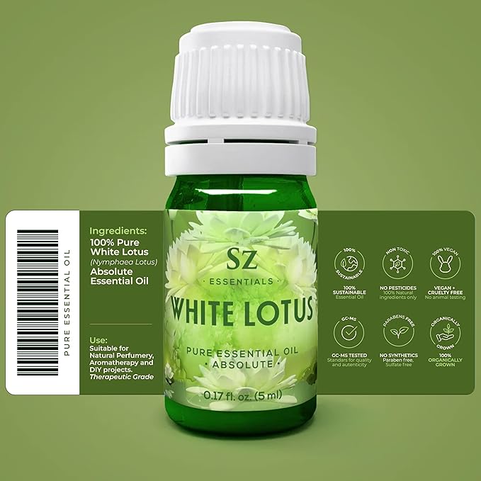 White Lotus 100% Pure, Essential Natural Oil - Extracted from Nymphaea Lotus - Rich & Sweet Scent, with Exotic Floral Overtones - Therapeutic Grade & Vegan - 0.17 fl oz (5ml)