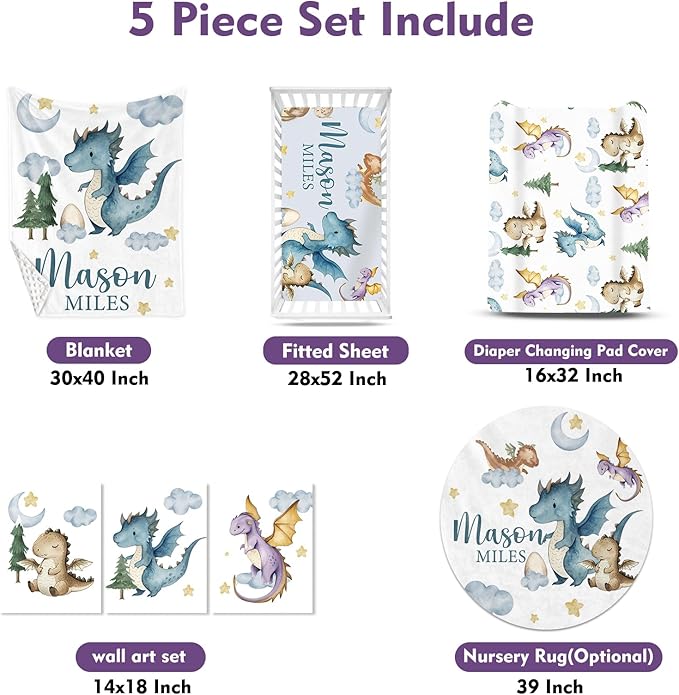 Personalized Baby Crib Bedding Set for Baby Boys Girls, Blue Dinosaur Design Custom Name Baby Crib Sets 5-Pcs, Toddler Double Layer Blanket Fitted Sheets Changing Pad Cover Rug Wall Art Set