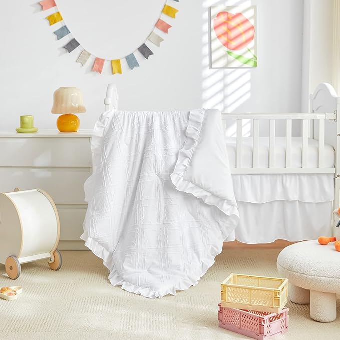 Mini Crib Bedding Set 3 Pieces Baby Boho Quilted Tufted Ruffles Comforter with Fitted Sheet and Ruffled Bed Skirt - Cute Shabby Baby Bedding Fits Mini Crib Only White