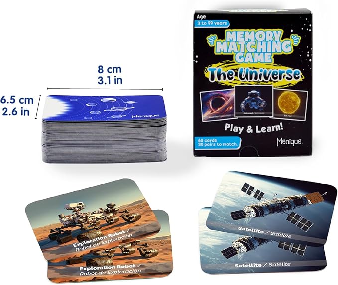 Menique Universe Memory Matching Game – 60 Cards (30 Pairs) – Bilingual Space Game with Planets, Stars & More – Educational for Kids and Adults