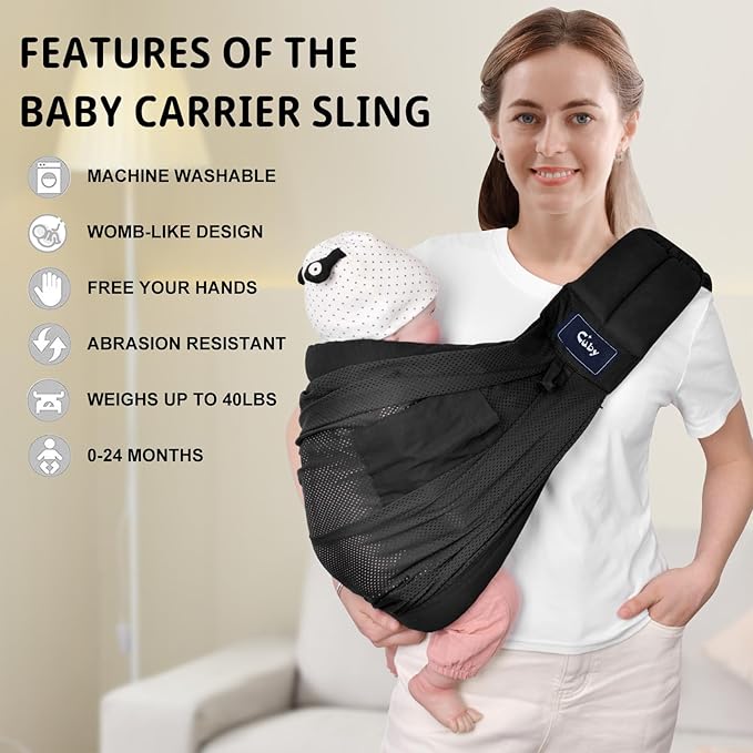 CUBY Mesh Baby Sling Carrier, Breathable Lightweight Baby Wraps Sling with Adjustable Strap Storage Bag- Easy to Wearing Front Baby Slings for Newborn Infant Toddler Carry Up to 40lbs (Black Mesh)