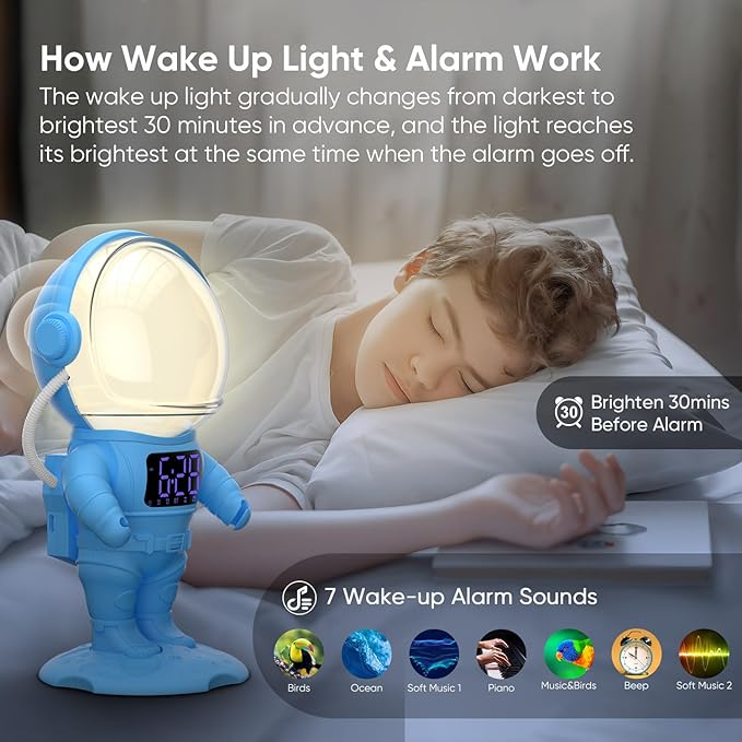 Astronaut Sunrise Alarm Clock for Kids, White Noise Sound Machine with 30 Soothing Sounds, 22 Dimmable Nightlights, Bluetooth Speaker, Dual Digital Alarm Clocks, Wake Up Light for Bedroom, Adults