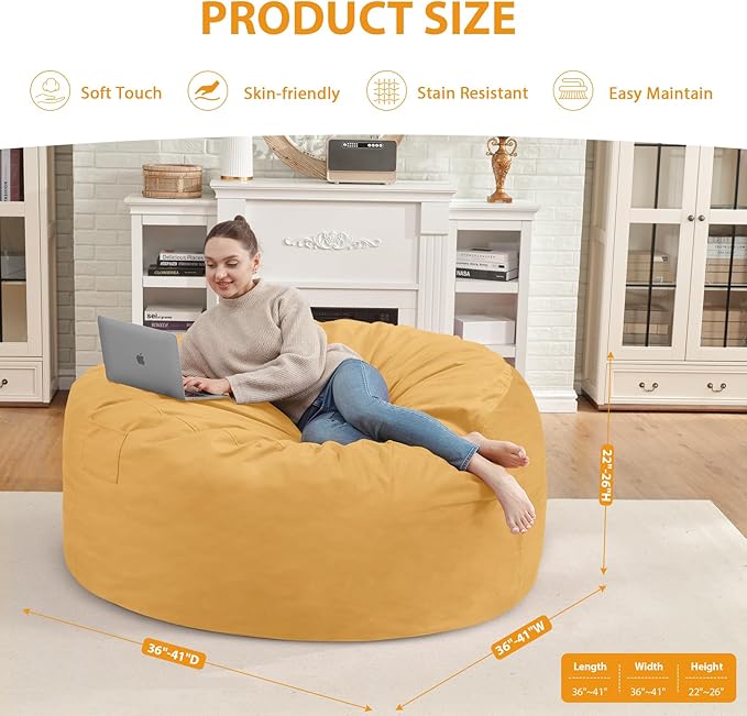3FT Bean Bag Chair, Comfy Bean Bag Chairs with Memory Foam Filled, Fluffy Beanbag Sofa with Dutch Velvet Cover, Round BeanBag Chairs for Living Room, Playroom - Mustard