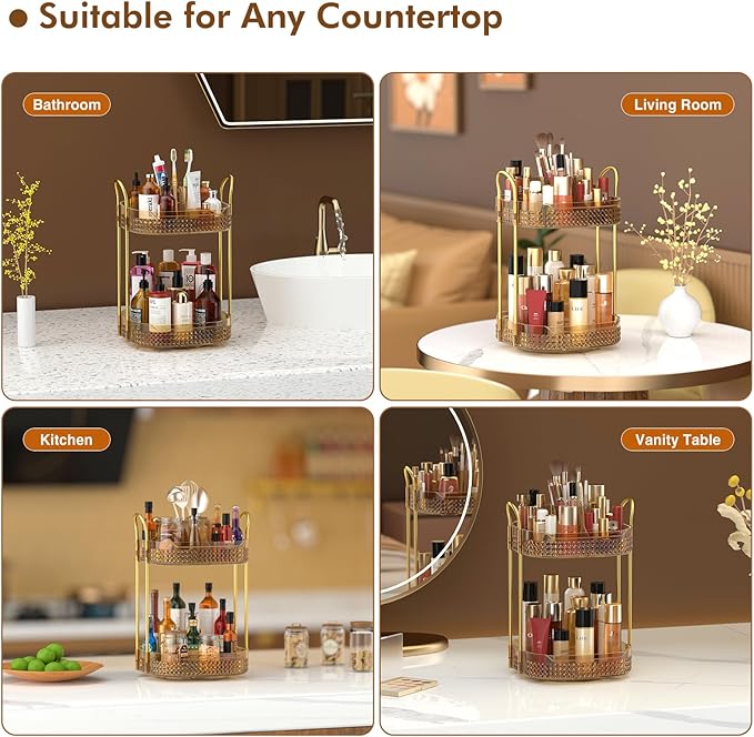 Awenia Rotating Makeup Organizer 360, Stackable Adjustable Large Capacity Cosmetic Storage Unit,Dresser Bathroom Kitchen Countertop Organizer with Metal Handle, Plus Size (Honorable Gold, 2 Tier)