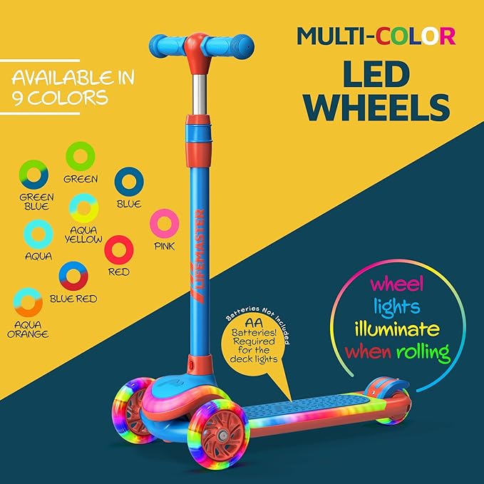 3-Wheel Kids Scooter with Multi-Color Lights on Deck & Wheels – 5-Height Adjustable Handlebar, Wide Anti-Slip Deck, Child Safety Certified, Boys & Girls Ages 3+ Supports Up to 150 lbs
