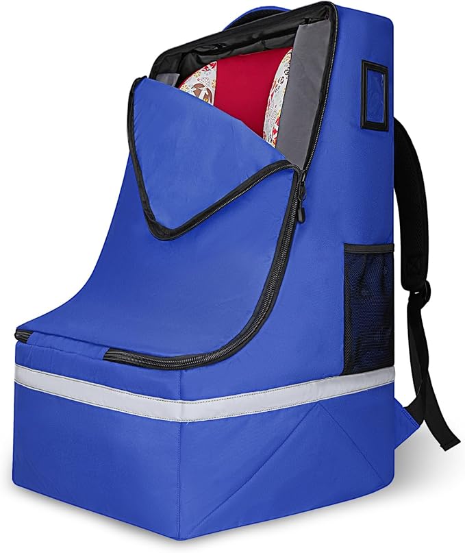 Car Seat Travel Bag for Airplane, Infant Seat Carrier with Shoulder Strap, Padded Backpack with Reflective Stripes, Blue