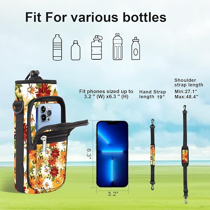 25/32/40/64oz Water Bottle Bag Holder Carrier-Insulated Crossbody Sling Case Sleeve with Strap & Pockets for Men Women Gym Cycling Travel Walking Hiking Camping