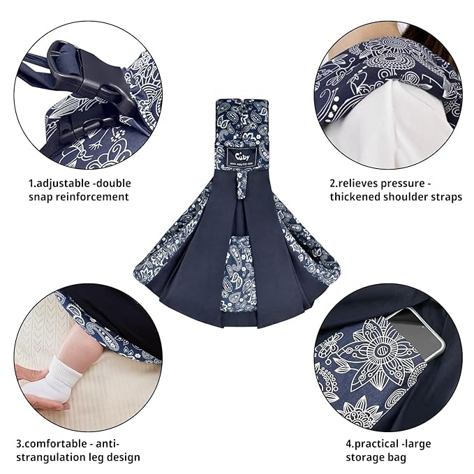 CUBY Wrap Baby Sling Carrier, Baby Wraps Sling Carrier Adjustable Breathable Lightweight Easy to Wearing - Baby Slings for Newborn Infant Toddler Front & Hip Carry Up to 40lbs (Dark Blue Floral)