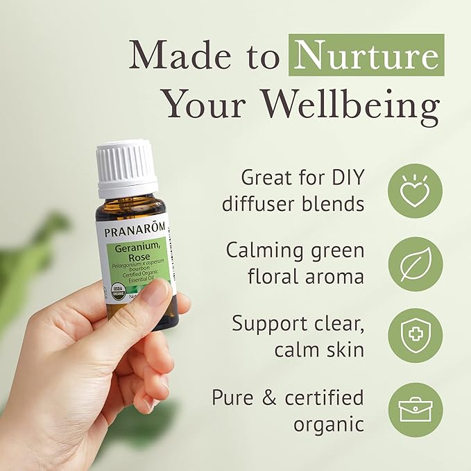 Pranarom USDA Certified Organic Rose Geranium Essential Oil (5ml), 100% Pure Undiluted Therapeutic Grade from Madagascar for Aromatherapy, Diffuser, Skincare, Relaxation, Pure Rose Scent