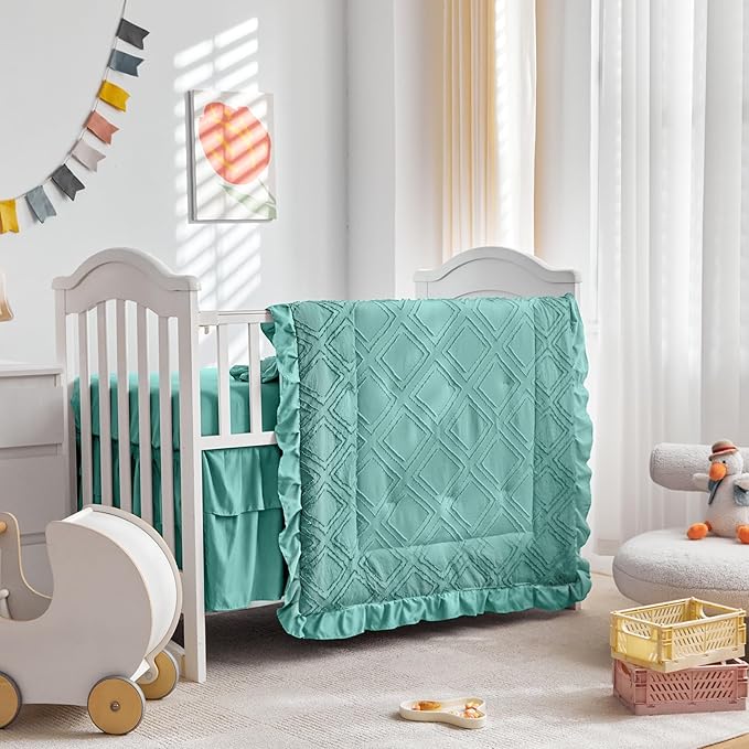 Tufted Ruffle Crib Bedding Set 3 Pieces Baby Girls Boys Boho Quilted Comforter with Fitted Sheet and Bed Skirt - Cute Ruffled Shabby Chic Baby Bedding Soft Blanket Design Teal Blue