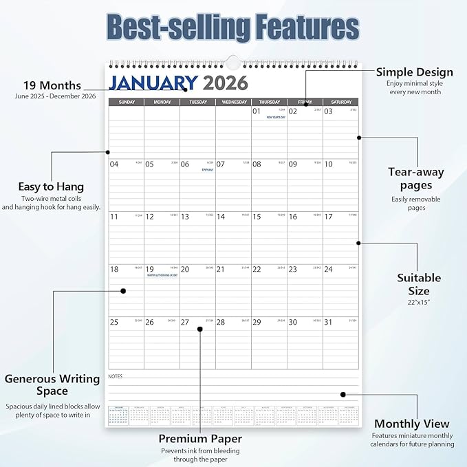 GuassLee Large Wall Calendar 2025-2026, 22"x15" Vertical Wall Calendar 2025, Jun. 2025 to Dec. 2026, 19-Month Paper Hanging Planner Wall with Julian Date for Office Home Planning & Organizing