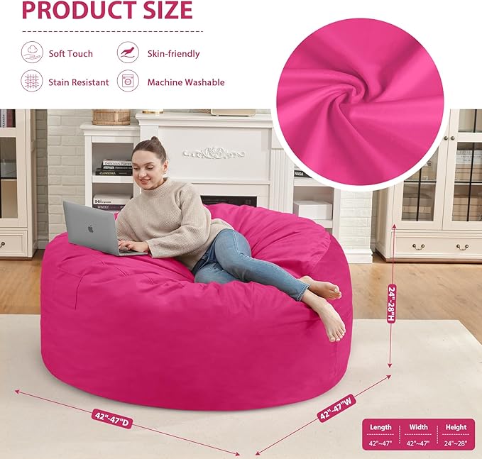 4FT Bean Bag Chair, Large Bean Bag Chairs with Memory Foam Filled, Fluffy Beanbag Sofa with Dutch Velvet Cover, Round BeanBag Chairs for Living Room, Playroom - Pink