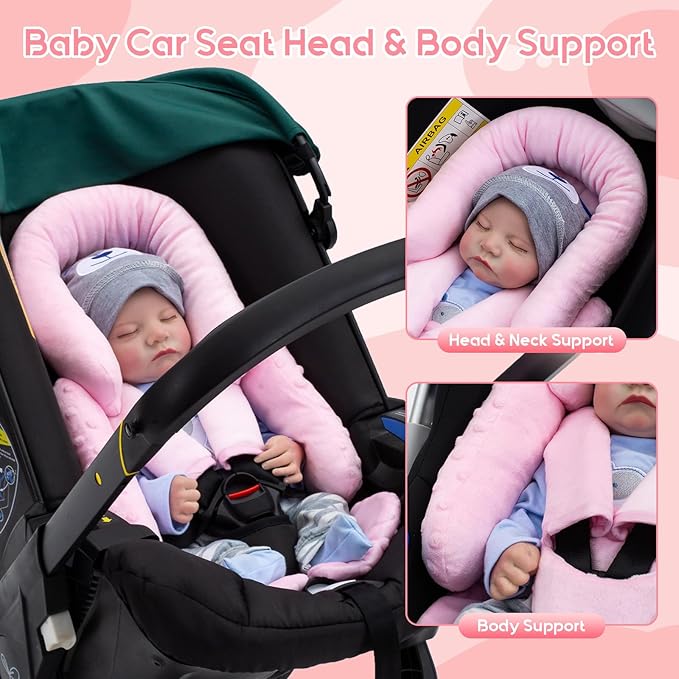 Infant Car Seat Insert with 3 Shoulder & Crocth Covers, Thickened Carseat Head and Body Support for Infant, Reversible Baby Car Seat Cushion for Boys Girls, Soft Mink Dot Newborn Insert for Preemie
