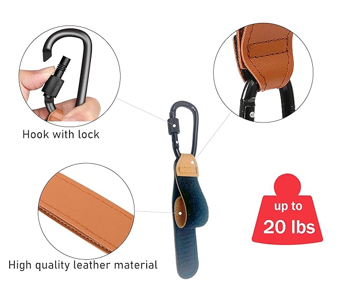 3 Pcs Baby Stroller Hook, Carry 20 lbs per Stroller Carabiner Clip, Adjustable Baby Stroller & Car Seat Hook for Hanging Diaper Bag, Wheelchair, Shopping and Pet Cart(Leather)