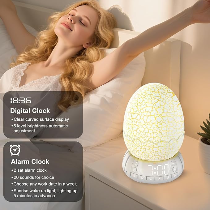 Kids Fun Alarm Clock with Night Light for Bedroom,16 Sleep Sounds Noise Machine& Bluetooth Speaker, 8-Color Dimmable Wake-Up Light with 10/30/60 Minutes Timer, Egg Decorative Light Gift for Boys Girls