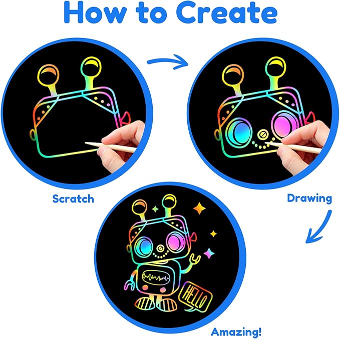 ZMLM Scratch Art Crafts Boys Gifts, 60 Rainbow Scratch Paper Art Gifts for 3 4 5 6 7 8 9 10 Years Old Girls and Boys Kids, Arts and Crafts for Kids 4-6 Birthday Toys and Games Activities Gift (Blue)