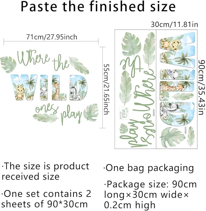 27.95x21.65 Inches Watercolor Wild Jungle Animal Wall Decals - Forest Safari Removable Stickers for Baby's Nursery, Playroom, Bedroom, Classroom - Tiger, Elephant, Giraffe Decor