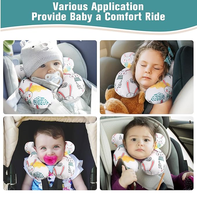vocheer Baby Travel Pillow(Upgraded), Head and Neck Support Pillow for Pushchair, Car Seat,Stroller, Bouncer, Cotton(Rabbit)