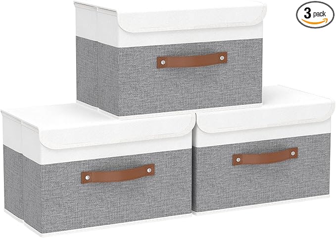 Yawinhe Storage Boxes with Lids, Linen Fabric Bin, Cube Organizer Basket, Washable and Leather Handle, for Home, Closet, White/Grey, 15.0''Lx9.8''Wx9.8''H, 3-Pack, USNK024WGL-3