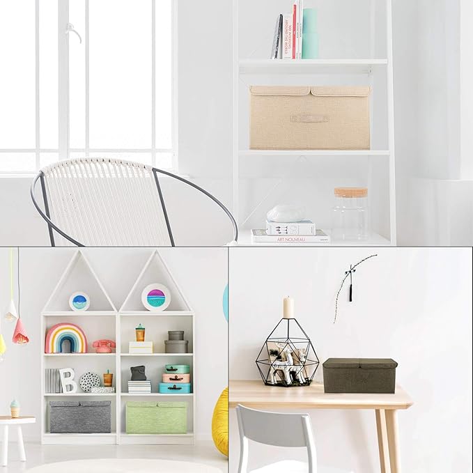 2 Pack Large Storage Boxes with Lids and Handles, Collapsible Linen Storage Bins Organizer Containers Baskets Cube with Removable Divider for Home Bedroom Closet Office (Grey, Large)