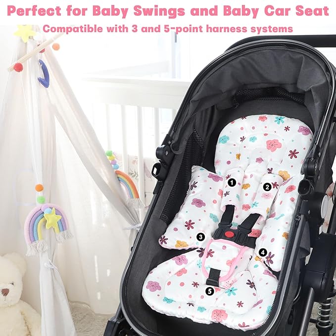 Infant Car Seat Insert with 3 Strap Covers, 3 in 1 Reversible Floral Baby Car Seat Head Support for Newborn, Baby Girl Newborn Essentials for Preemie to Infant, Stroller, Swing, Bouncer (Pink)