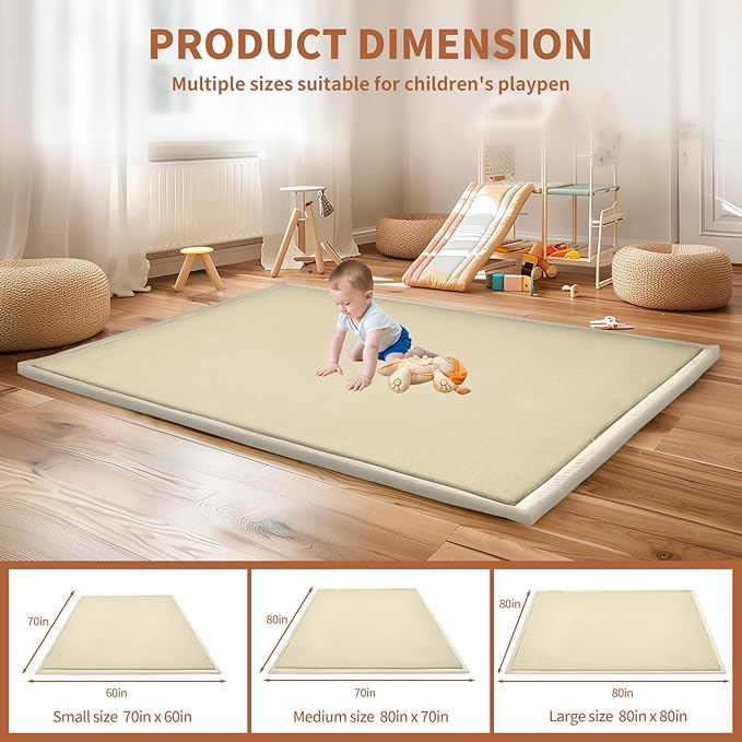 SUNYRISY Baby Play Mat for Floor 80 x 80in, 1.4in Thick Memory Foam Padded Play Mats Baby Rug, Soft Velvet Infants Toddler Kids Crawling Mat for Nursery, Non-Slip Bottom, Beige