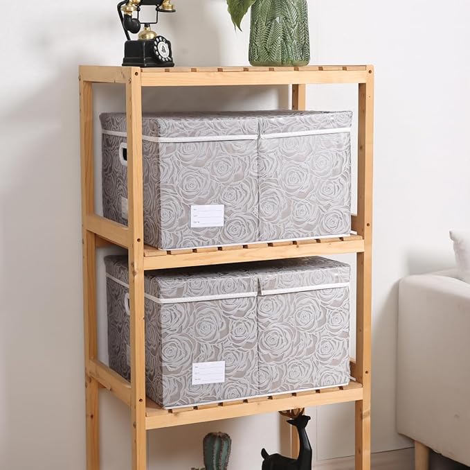 PRANDOM Jumbo Collapsible Storage Boxes with Lids Fabric Decorative Storage Bins Cubes Organizer Baskets with Cover Handles Divider for Bedroom Closet Living Room 23.2x15.7x11.6 Inch 3 Pack