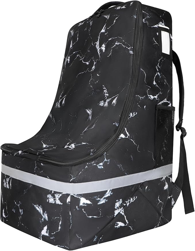 Car Seat Travel Bag for Airplane,Infant Seat Travel Bag with Shoulder Strap,Padded Car Seats Backpack with Reflective Stripes,Large Carseat Carrier Bag Travel Car Seat Cover, Black marble
