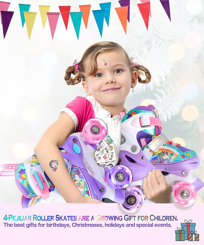 4-Pejiijar Rainbow Unicorn Kids Roller Skates for Girls Toddler Ages 2-4 5-8 8-12,Adjustable Roller Shoes with Luminous Wheels for Birthday Xmas Gifts