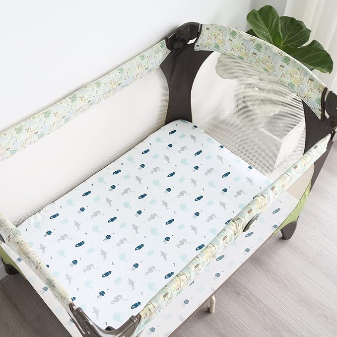 SPRINGSPIRIT Pack and Play Sheets, Pack n Play Sheets Ultra Soft, Mini Crib Sheets 4 Pack, Pack n Play Mattresses Sheets Compatible with Graco Pack n Play, Soft and Breathable, Aqua, Aqua + White