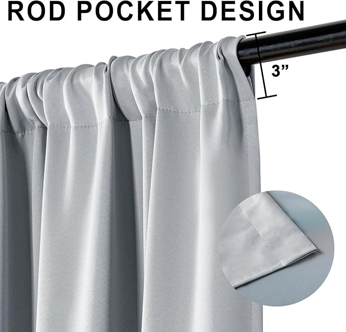 XWZO Full Shading Blackout Curtains 54 Inches Length with Tiebacks- Heat and Light Blocking Rod Pocket Window Drapes with Black Liner Backing for Bedroom/Kid's Room, Light Grey, W52 x L54, Set of 2