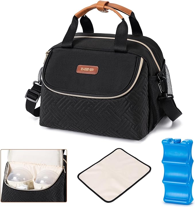 Breastmilk Cooler Bag with Ice Pack Fits 6 Baby Bottles up to 9 Ounce, Wearable Breast Pumps Cooler Bag for Nursing Mom Daycare, Work, Travel- Black