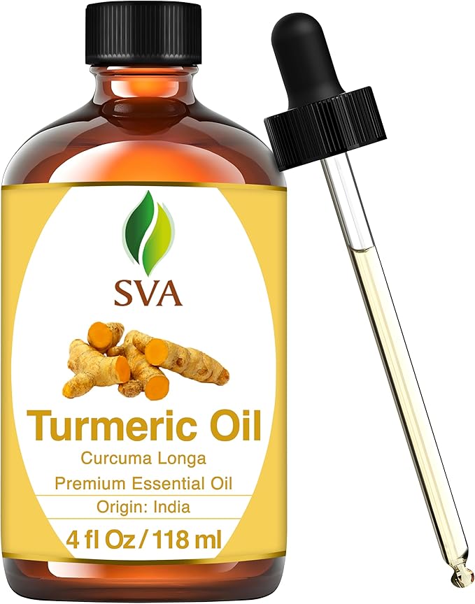 SVA Turmeric Essential Oil – 4 Fl Oz – 100% Natural Turmeric Oil - for Diffuser, Hair Care, Face, Skin Care, Aromatherapy, Scalp and Body Massage, Soap and Candle Making – with Dropper